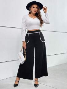 SHEIN Privé 大碼撞色滾邊高衩闊腿褲 - 黑色 - 查看 5