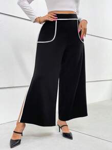 SHEIN Privé 大碼撞色滾邊高衩闊腿褲 - 黑色 - 查看 6