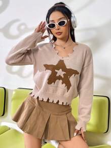 SHEIN Unity Áo len chui đầu dáng suông họa tiết ngôi sao, kiểu dáng rách rưới, thích hợp cho mùa thu đông. - Màu Khaki - Xem 1