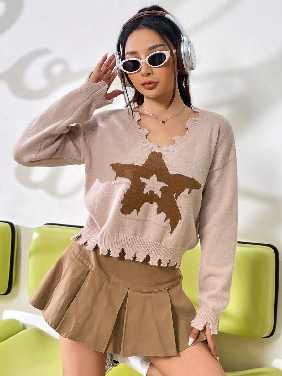 SHEIN Unity Áo len chui đầu dáng suông họa tiết ngôi sao, kiểu dáng rách rưới, thích hợp cho mùa thu đông. - Màu Khaki - Xem 1