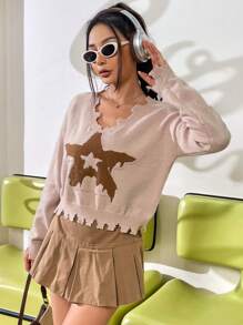 SHEIN Unity Áo len chui đầu dáng suông họa tiết ngôi sao, kiểu dáng rách rưới, thích hợp cho mùa thu đông. - Màu Khaki - Xem 3