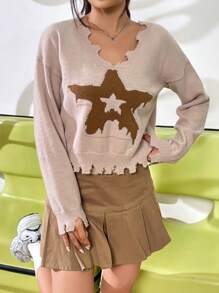 SHEIN Unity Áo len chui đầu dáng suông họa tiết ngôi sao, kiểu dáng rách rưới, thích hợp cho mùa thu đông. - Màu Khaki - Xem 4