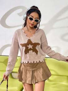 SHEIN Unity Áo len chui đầu dáng suông họa tiết ngôi sao, kiểu dáng rách rưới, thích hợp cho mùa thu đông. - Màu Khaki - Xem 6