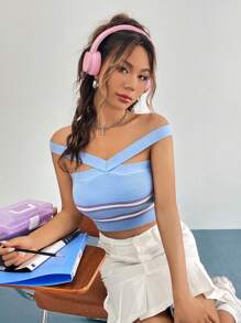 SHEIN Unity 一字肩鏤空針織短上衣 - 彩色 - 查看 1