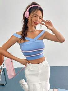 SHEIN Unity 一字肩鏤空針織短上衣 - 彩色 - 查看 4