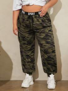 SHEIN CURVE+ Hơn Camo In Eo băng chữ Quần thể thao - Nhiều màu - Xem 1