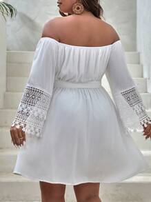 SHEIN VCAY 大碼一字肩拼接水溶蕾絲繫腰帶連衣裙