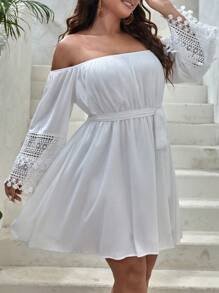 SHEIN VCAY 大碼一字肩拼接水溶蕾絲繫腰帶連衣裙