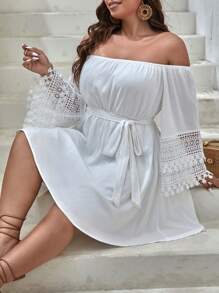 SHEIN VCAY 大碼一字肩拼接水溶蕾絲繫腰帶連衣裙