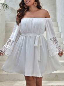 SHEIN VCAY 大碼一字肩拼接水溶蕾絲繫腰帶連衣裙