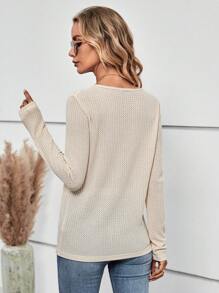 SHEIN LUNE Guipure Lace Trim Waffle Knit Tee - Apricot - View 2