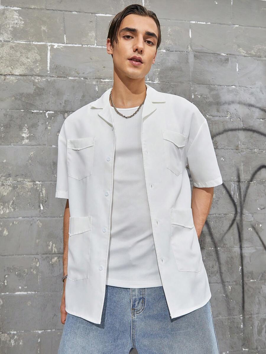 Manfinity Hypemode Men's Loose Fit Solid Color Button Down Shirt With Flap Pockets - White - View 1