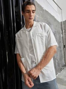 Manfinity Hypemode Men's Loose Fit Solid Color Button Down Shirt With Flap Pockets - White - View 3