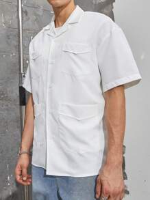 Manfinity Hypemode Men's Loose Fit Solid Color Button Down Shirt With Flap Pockets - White - View 4