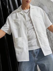 Manfinity Hypemode Men's Loose Fit Solid Color Button Down Shirt With Flap Pockets - White - View 5