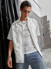 Manfinity Hypemode Men's Loose Fit Solid Color Button Down Shirt With Flap Pockets - White - View 6