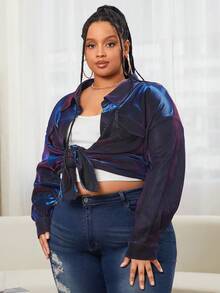 SHEIN CURVE+ Plus Holographic Drop Shoulder Shirt - Purple - View 3