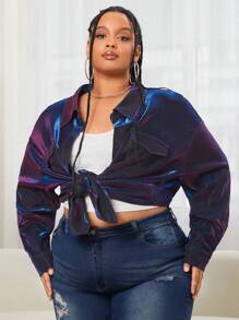 SHEIN CURVE+ Plus Holographic Drop Shoulder Shirt - Purple - View 4
