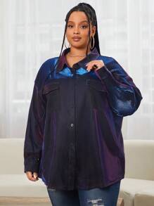 SHEIN CURVE+ Plus Holographic Drop Shoulder Shirt - Purple - View 1