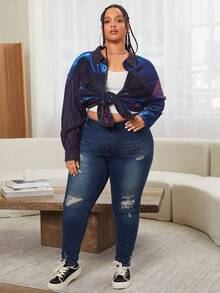 SHEIN CURVE+ Plus Holographic Drop Shoulder Shirt - Purple - View 7