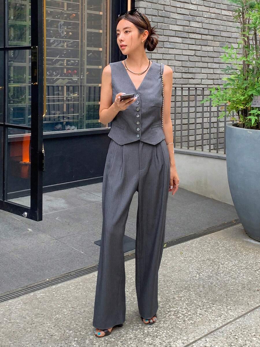 DAZY Button Front Waistcoat & Trousers - Dark Grey - View 1