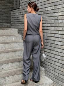 DAZY Button Front Waistcoat & Trousers - Dark Grey - View 2