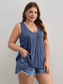 SHEIN Frenchy Plus Press Crease Detail Button Front Tank Top - Dusty Blue - View 1