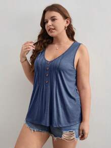 SHEIN Frenchy Plus Press Crease Detail Button Front Tank Top - Dusty Blue - View 3