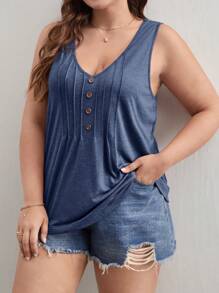 SHEIN Frenchy Plus Press Crease Detail Button Front Tank Top - Dusty Blue - View 4