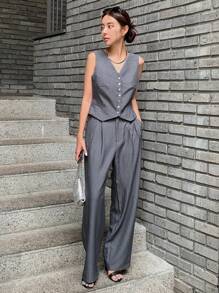 DAZY Button Front Waistcoat & Trousers - Dark Grey - View 4