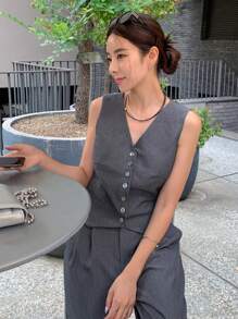 DAZY Button Front Waistcoat & Trousers - Dark Grey - View 7