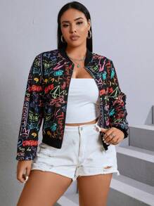 SHEIN EZwear Talla grande Cazadora tipo bomber con estampado de letra con cremallera - Multicolor - Ver 5