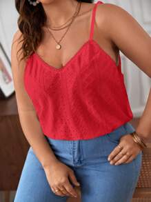 SHEIN Frenchy Plus Contrast Mesh Embroidery Cami Top - Red - View 2