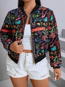 SHEIN EZwear Talla grande Cazadora tipo bomber con estampado de letra con cremallera - Multicolor - Ver 1