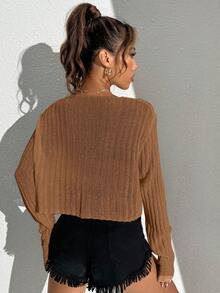 Muchica 素色落肩袖短款毛衣 - 棕色 - 查看 2