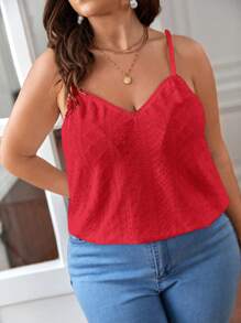 SHEIN Frenchy Plus Contrast Mesh Embroidery Cami Top - Red - View 5