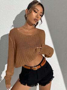 Muchica 素色落肩袖短款毛衣 - 棕色 - 查看 3