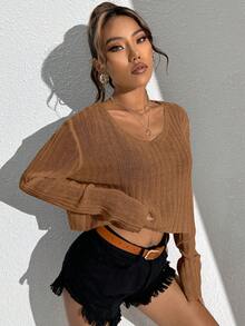 Muchica 素色落肩袖短款毛衣 - 棕色 - 查看 4