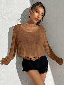 Muchica 素色落肩袖短款毛衣 - 棕色 - 查看 5
