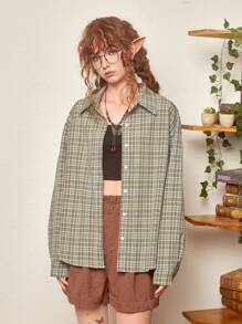 ROMWE Fairycore Plaid Print Drop Shoulder Shirt - Green - View 1