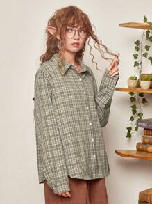 ROMWE Fairycore Plaid Print Drop Shoulder Shirt - Green - View 3