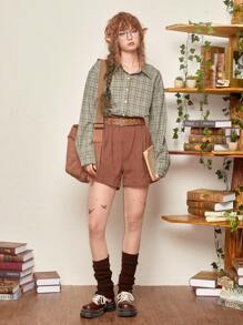 ROMWE Fairycore Plaid Print Drop Shoulder Shirt - Green - View 4