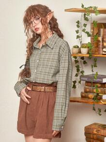 ROMWE Fairycore Plaid Print Drop Shoulder Shirt - Green - View 5