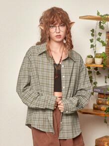 ROMWE Fairycore Plaid Print Drop Shoulder Shirt - Green - View 6