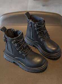 1 par Botas de combate de niños para niñas, 2023 otoño colección, negro PU, resistente al desgaste suela, casual estilo - Negro - Ver 1