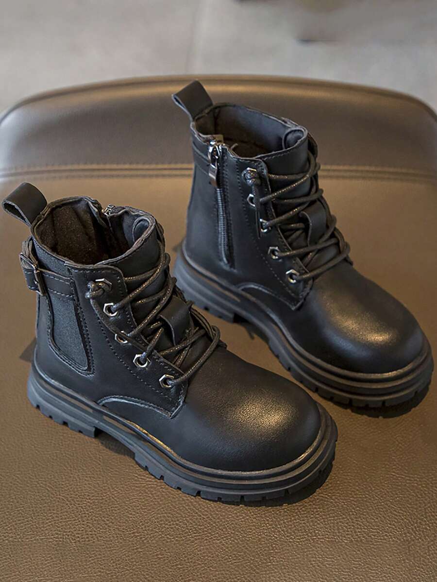 1 par Botas de combate de niños para niñas, 2023 otoño colección, negro PU, resistente al desgaste suela, casual estilo - Negro - Ver 1