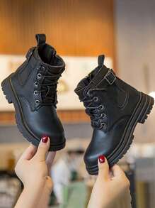 1 par Botas de combate de niños para niñas, 2023 otoño colección, negro PU, resistente al desgaste suela, casual estilo - Negro - Ver 2