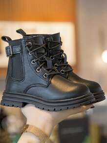 1 par Botas de combate de niños para niñas, 2023 otoño colección, negro PU, resistente al desgaste suela, casual estilo - Negro - Ver 3