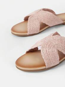 SheIn VCAY 女性編織細節涼拖,度假粉色的草編平底涼鞋適合夏天 - 粉色 - 查看 4