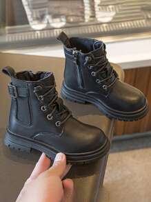 1 par Botas de combate de niños para niñas, 2023 otoño colección, negro PU, resistente al desgaste suela, casual estilo - Negro - Ver 4